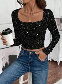 SHEIN LUNE Women's Casual Faux Crystal Print Long Sleeve T-Shirt, Suitable For Autumn/Winter - Black and White - View 4