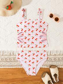 Tween Girl Cherry Plaid Print Tankini Swimsuit Set - Pink - View 1