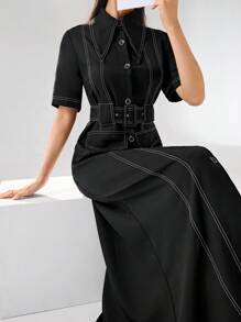 Heiryn Women's Collared Single-Breasted Belted Short Sleeve Dress - Black - View 2