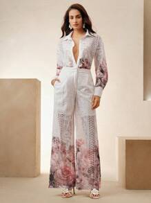 Anewsta Completo elegante e di nicchia con blusa a maniche lunghe con stampa floreale colorata in pizzo e pantaloni a zampa, adatto per primavera/estate, festival, vacanze