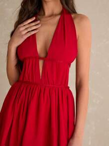 Poéselle Women's Solid Color Deep V-Neck Ruched Sexy Halter Dress, Vacation Wear - Red - View 3