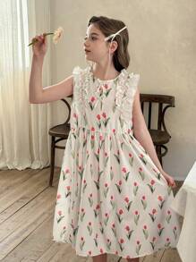 SHEIN LMoss Kids Tween Girl 碎花圆领荷叶边下摆修身休闲连衣裙 - 彩色 - 查看 3