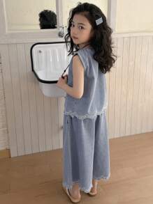 Dazy Kids Young Girl Girls Denim Outfit, Fall Vacation - Light Wash - View 5