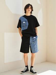 SHEIN Teenager Jungen Lässig minimalistisches Denim Patchwork T-Shirt kombiniert mit Shorts, geeignet für Frühling/Sommer Alltags Outfits