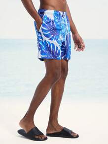 Surfspeed Men's Tropical Plant Print Drawstring Waist Beach Shorts - Blue - View 5