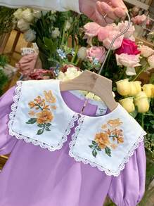 LMoss Kids LMoss Young Girl Color Block Embroidery Collar Casual Blouse - Purple - View 3