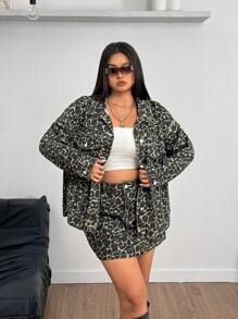 SHEIN EZwear Plus Size Denim Jacket With Leopard Print Long Sleeves, Fashionable For Summer