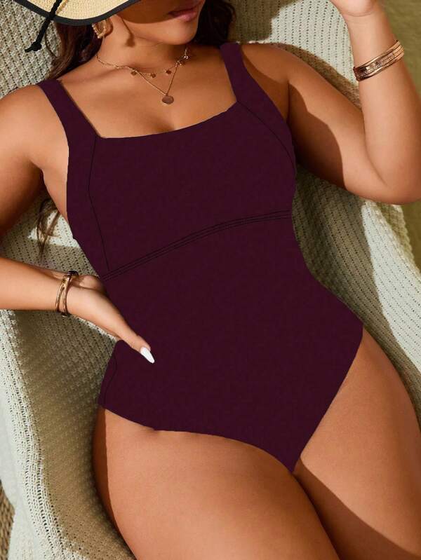 Swim Lushoire Plus Size Women One-Piece Solid Color Swimsuit For Summer Beach Vacation