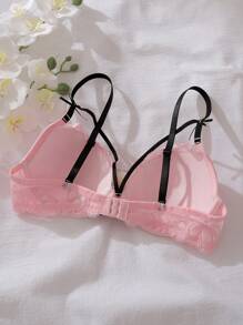 3/4 Cup Push-Up Underwire Lingerie Bra, Sweet, Cute, Romantic, Contrast Color, Heart-Shaped Lace, Bowknot, Ribbon, Sexy Ladies Underwear, Black/Pink, Kawaii