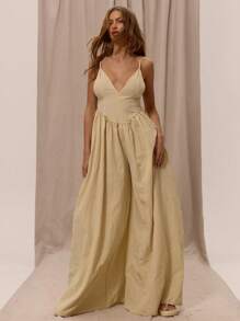 MUSERA 细肩带前开襟低腰褶皱阔腿连体裤春夏季假期优雅装扮波西米亚浪漫伊比沙岛亚麻感觉波西米亚春夏季假期优雅装扮春夏季可爱休闲度假婚礼宾客秋季约会之夜