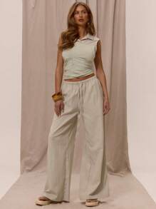 MUSERA Sleeveless Collared Patchwork Seamless Fitted Top Spring Summer Vacation Holiday Elegant - Light Grey - View 3