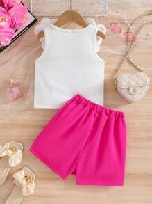 Conjunto de 2 piezas: Top de tirantes blanco con flores y cuentas para niñas, con pantalones cortos ajustados de color rosa fucsia. Conjunto de moda para cumpleaños, vacaciones y fiestas en verano