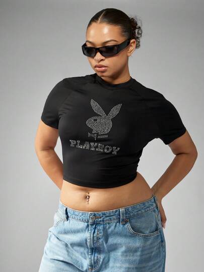 MISSGUIDED PLUS x Playboy Plus Size Rhinestone Embellished Crop T-Shirt Festival Party Club Casual Short Sleeve Graphic Tee Crystal Logo Fashion Statement Top