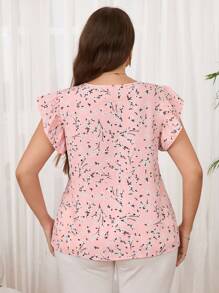 SHEIN Clasi 大码女式花卉印花 V 领短袖度假衬衫 - 粉色 - 查看 2