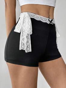 SHEIN Essnce Lace Shorts Bowknot Low Rise Shorts Summer Shorts Women's Contrast Lace Side Tie Stylish Shorts - Black - View 6