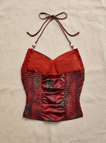 Forever 21 Summer New Draped Neck Tie Front Cropped Retro Digital Print Vacation Casual Beach Blouse Top For Women