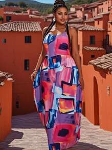 Slaydiva Plus Size Women Geometric Printed Sleeveless Casual Beach Dress With Pockets, Versatile For Spring & Summer - Multicolor - View 1