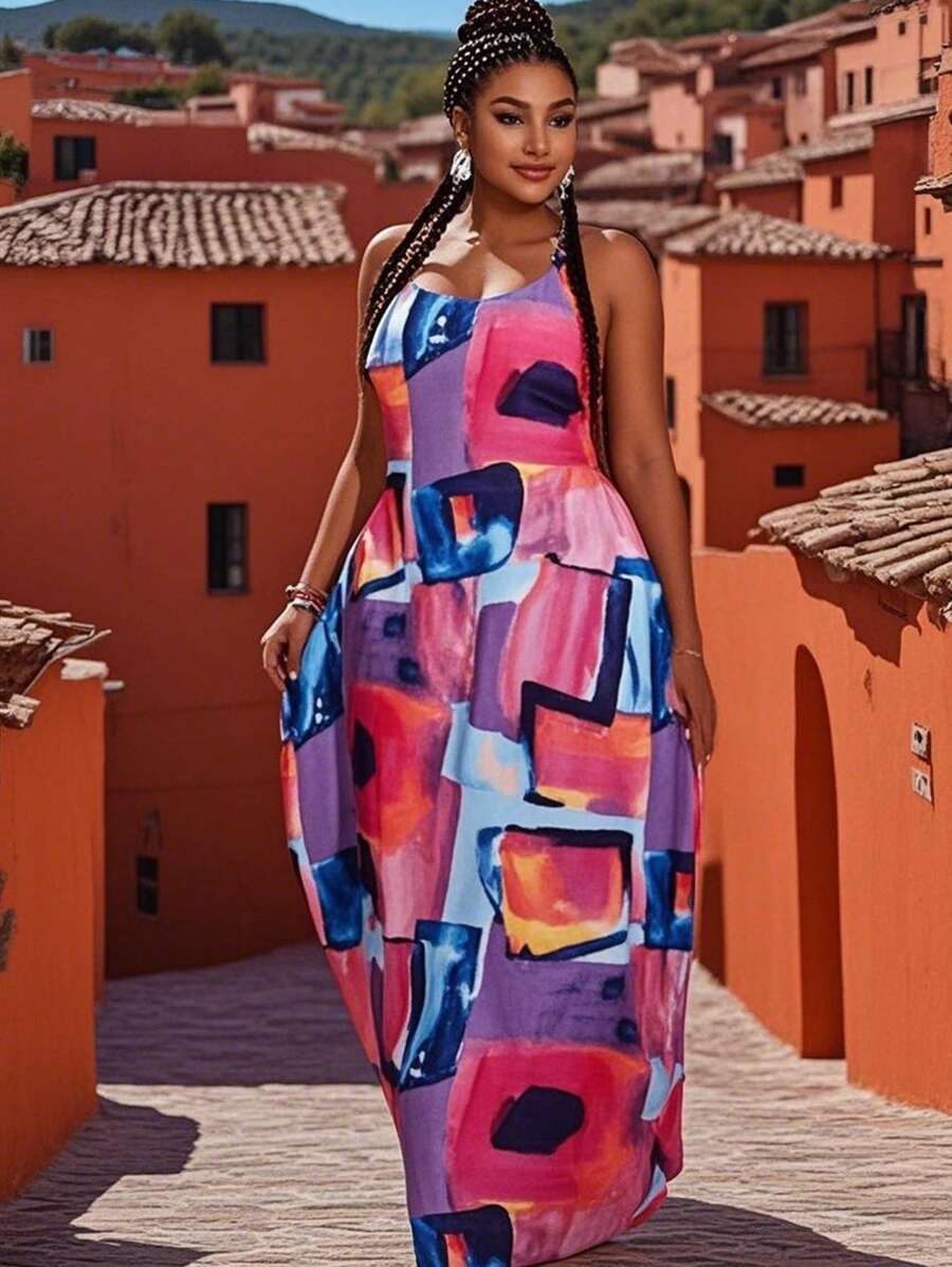 Slaydiva Plus Size Women Geometric Printed Sleeveless Casual Beach Dress With Pockets, Versatile For Spring & Summer - Multicolor - View 1
