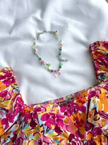 SHEIN 少女度假碎花方领泡泡袖衬衫，可爱碎花上衣 - 紅色 - 查看 5