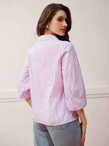MOTF PREMIUM STRIPED FAUX PEARL BUTTON BLOUSE