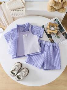 3pcs/Set Baby Girls' Light Blue Summer Casual Vacation Outfit,Transparent Shacket,Tank Top And Shorts,Spring Clothes For 0-3 Years Old Girl Outfits - Purple - View 9