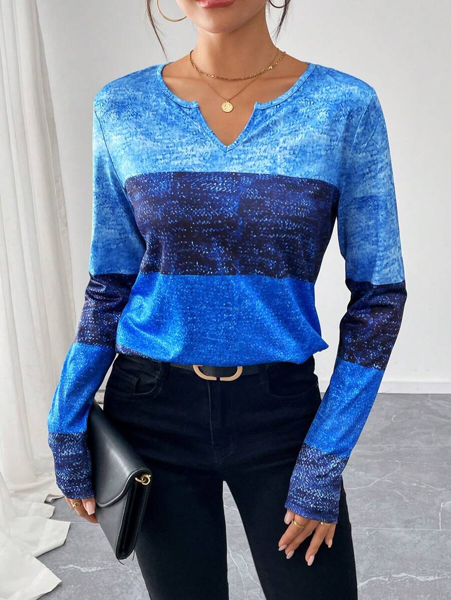 SHEIN LUNE Color Block Cutout Neck Long Sleeve Top, Casual & Commuter Wear - Multicolor - View 1