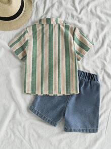 SHEIN Vintaside Kids Baby Boy Spring Summer Casual Outfit: Striped Short Sleeve Polo Shirt And Fashion Washed Denim Shorts Set, Suitable For Home, Resort, Gathering With Friends