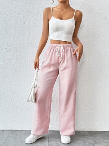 SHEIN PETITE CURVE Plus Size Casual Striped Drawstring Waist Straight Leg Pants - Pink - View 5