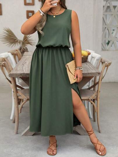Linhara Plus Size LUNE Sleeveless Crew Neck Solid Color Casual Commute Dress, Waisted, Slit Hem, Suitable For Women