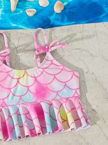 Young Girl Pinky Simple Fashion Beautiful Mermaid Printed Swimsuit Set, Random Print - Pink - View 4
