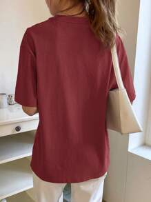 DAZY Loose Minimalist Solid Color Letter Embroidery Short Sleeve Women T-Shirt Oversized T-Shirt - Burgundy - View 2