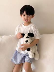 Dazy Kids 儿童男童秋季服装：短袖针织圆领上衣 + 编织条纹短裤套装，夏季休闲 - 藍白色 - 查看 5