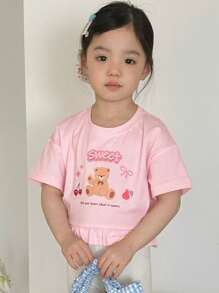 DAZY 2pcs/Set Girls Young Girl Knitted Floral Print Short Sleeve T-Shirt + Letter Print Skinny Leggings, Summer Sets