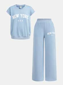 SHEIN Girlism 2 件装 Tween Girl 字母印花插肩袖 V 领宽松 T 恤和阔腿长裤套装 - 藍色 - 查看 5