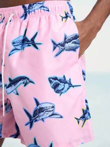 Surfspeed Men's Shark Print Drawstring Waist Beach Shorts - Pink - View 8