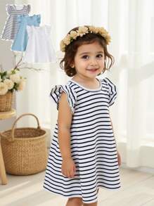3pcs Girls' Summer Casual Vacation Knit Dress Set,Navy Blue And White Striped & Solid Color,Lightweight Stretchy Short Ruffle Sleeve Regular Style - Multicolor - View 1