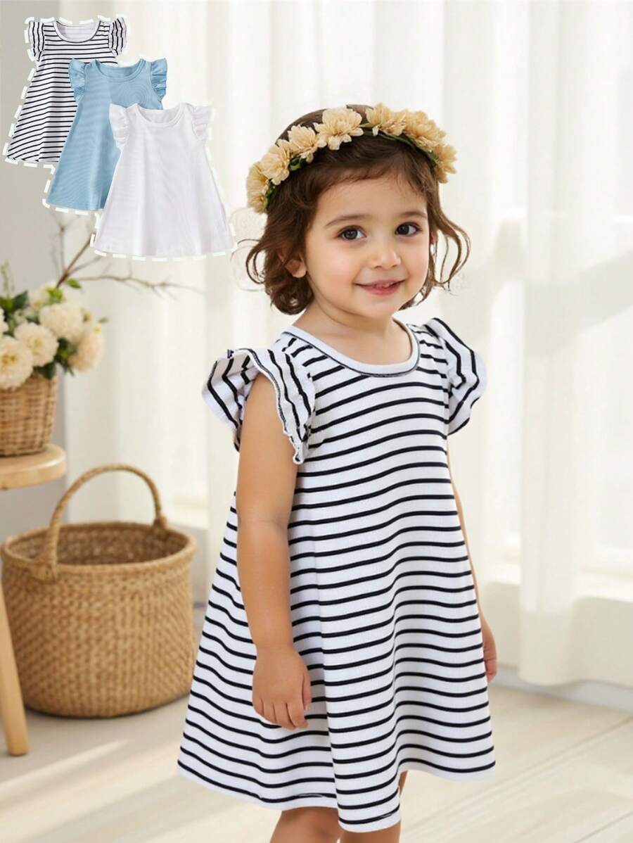 3pcs Girls' Summer Casual Vacation Knit Dress Set,Navy Blue And White Striped & Solid Color,Lightweight Stretchy Short Ruffle Sleeve Regular Style - Multicolor - View 1