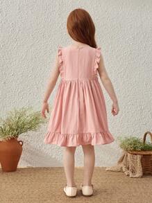 Blossori Young Girls' French Elegant Pink Floral Embroidered Ruffle Hem Sleeveless Dress, Spring/Summer - Pink - View 2