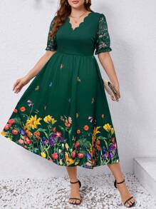 SHEIN Clasi Plus Size Women Elegant Floral Print Lace Patchwork Summer Dress Women Dresses Easter Women Easter Dress Women Green Dress Plus Dresses For Women - Dark Green - View 1