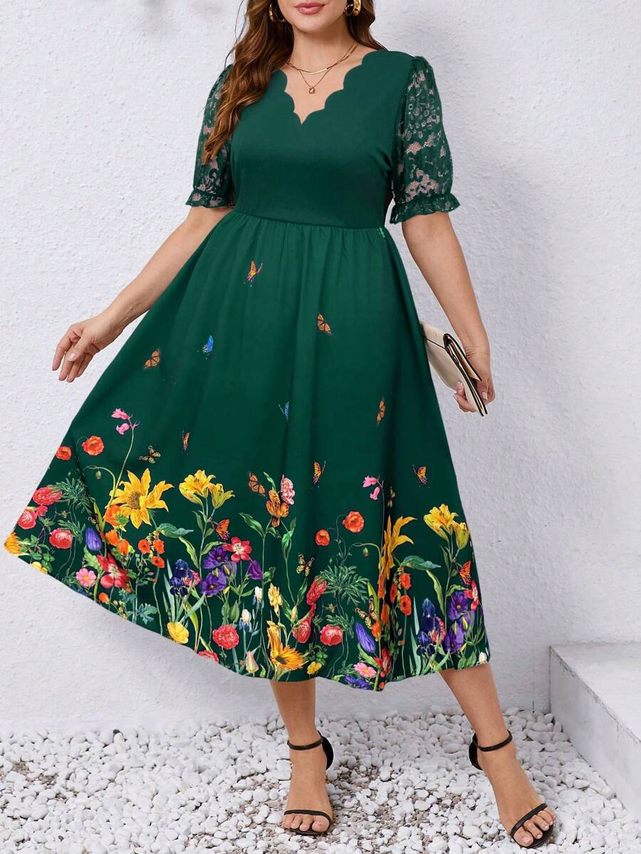 SHEIN Clasi Plus Size Women Elegant Floral Print Lace Patchwork Summer Dress Women Dresses Easter Women Easter Dress Women Green Dress Plus Dresses For Women - Dark Green - View 1