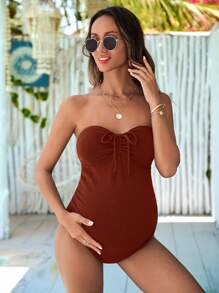 SHEIN 孕妇纯色前抽绳连体抹胸泳衣 - 棕色 - 查看 3