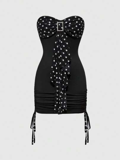 ROMWE Avant Women's Polka Dot Bowknot Ruched Drawstring Mini Tube Dress, Summer