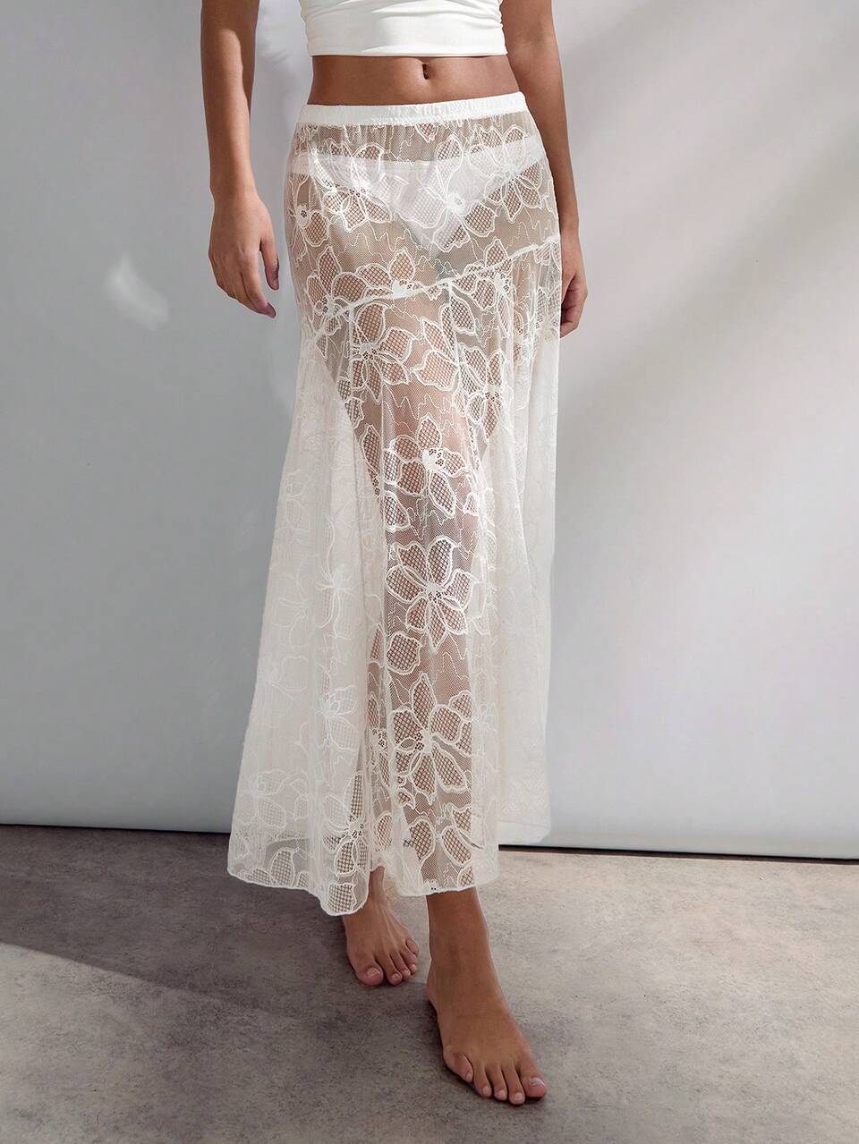 SHEIN Maija Women's Elegant White Knitted Maxi Skirt: Semi-Sheer Floral Lace Overlay For A Look