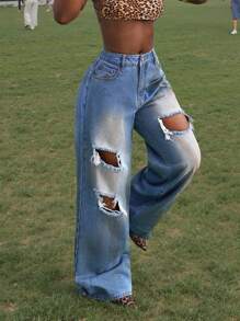 Slaydiva Women's Pockets Distressed Wide Leg Loose Casual Versatile Jeans - Blue - View 3
