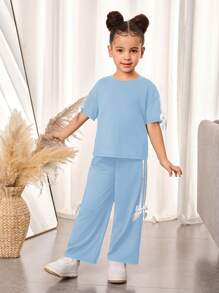 SHEIN Leap Crew Young Girl Solid Color Knitted Crew Neck Loose T-Shirt And Loose Pants 2 Pieces Set - Blue - View 5