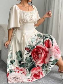 Modelyn Plus Size Jacquard Color-Block Long Sleeve Waist-Cinched A-Line Dress - Red - View 5