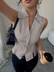 Elenzga Áo sơ mi nữ cổ chữ V không tay kẻ sọc có nút trang trí và đường xẻ viền chữ V phong cách Pháp thanh lịch cho công sở/thường ngày/ngày lễ mùa xuân/hè - Màu be - Xem 7