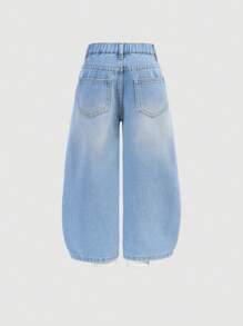 SHEIN Girls Blue Denim Wide Leg Distressed Straight Pants, Young Girl - Light Wash - View 2