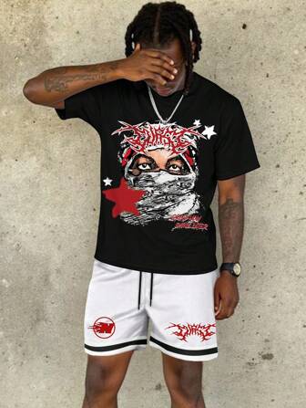 Street Life Men's Hip Hop Character Printed Short Sleeve T-Shirt And Shorts Set