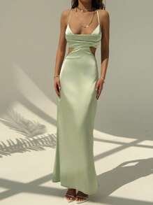 Aloruh 女士纯色褶皱腰镂空性感无袖连衣裙 - 綠色 - 查看 5